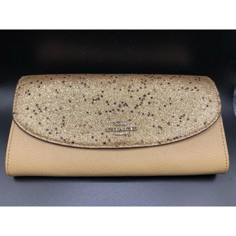 Coach Beige Cream Gold Glitter Star Tan Leather Accordion Wallet Clutch Envelope